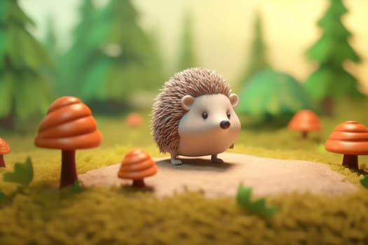 A hedgehog walking in forest 3D Tiny cute isometric Generative AI.