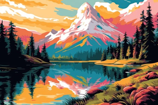 Winter Landscape there are mountains and lakes and sky and tree Digital printing Generative AI.