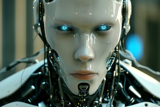 white anthropomorphic robot with blue glowing eyes portrait looking into camera.