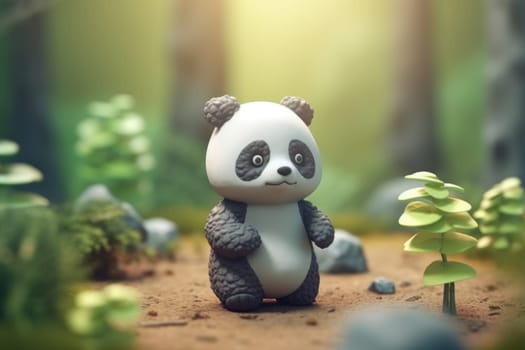 A panda walking in forest 3D Tiny cute isometric Generative AI.