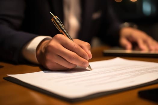 Close up of a hand signing a document Generative AI.