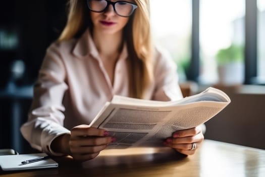 Closeup hands Businesswoman reading the latest news Generative AI.