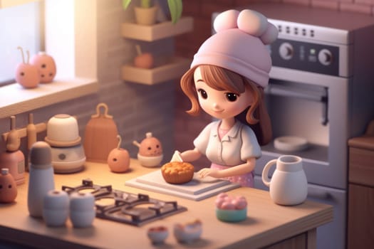 A girl cooking in kitchen room Tiny cute isometric 3D render Generative AI.