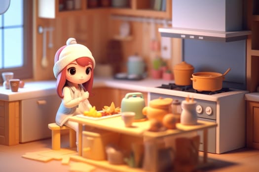 A girl cooking in kitchen room Tiny cute isometric 3D render Generative AI.