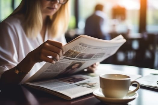 Closeup hands Businesswoman reading the latest news Generative AI.