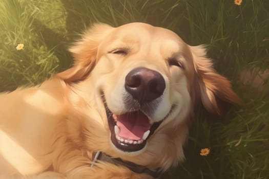 Cute golden retriever sleeping in grass upward facing the camera Generative AI.