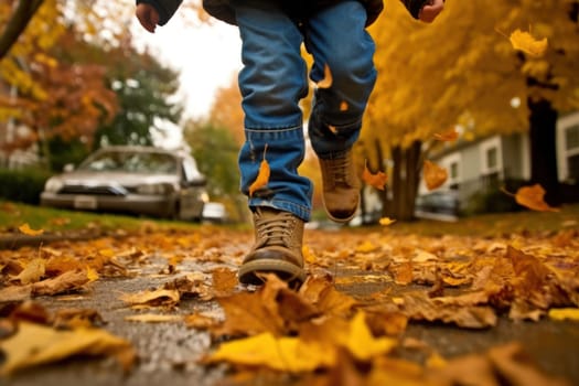 Children or human walking in autumn leaves focus leg Generative AI.