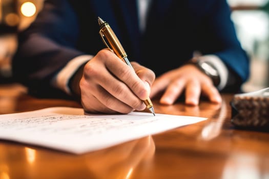 Close up of a hand signing a document Generative AI.