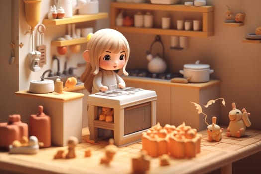 A girl cooking in kitchen room Tiny cute isometric 3D render Generative AI.