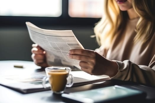 Closeup hands Businesswoman reading the latest news Generative AI.