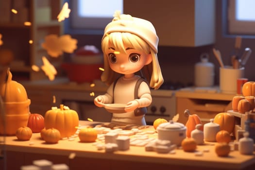 A girl cooking in kitchen room Tiny cute isometric 3D render Generative AI.