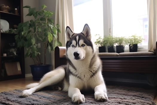 Husky sitting in a home living room Generative AI.