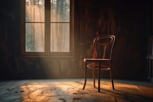 Old vintage stylish wood chair into abandoned room Generative AI.