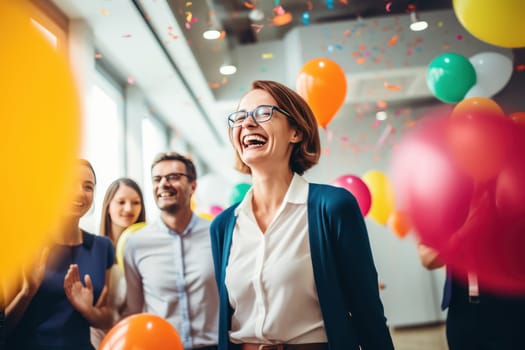 Group of successful happy business people in office celebrating Generative AI.