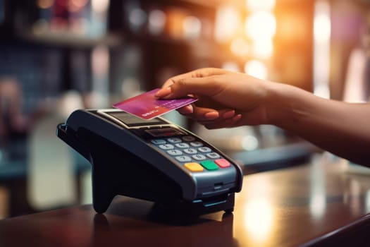 Hand of customer paying with contactless credit card Generative AI.