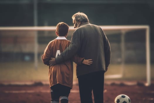 Back view of coach at field with a kids team Generative AI.