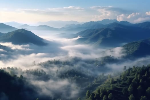 The mountains are covered in a layer of mist and clouds Generative AI.