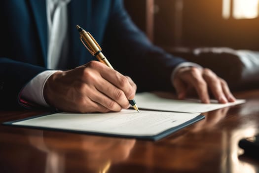 Close up of a hand signing a document Generative AI.