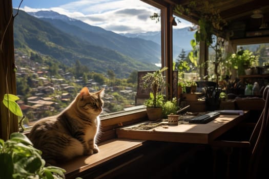 The house is wooden with large windows. View from the windows to the green mountains Generative AI.