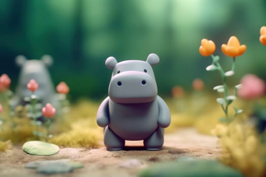 A hippopotamus walking in forest 3D Tiny cute isometric Generative AI.