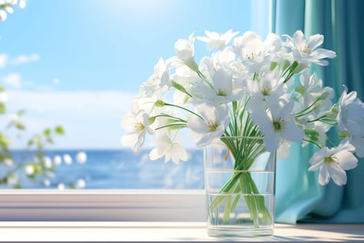 Flowers on a windowsill in the style of light sky and blue and light white Generative AI.