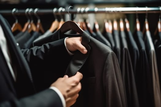 Close-up of Male Hands Plucked Hanger Choosing Suit in a Suit Store Generative AI.