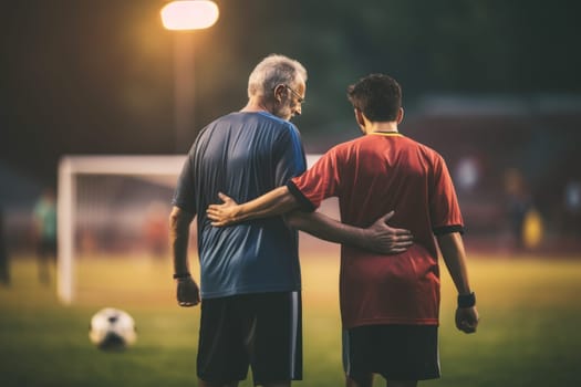 Back view of coach at field with a kids team Generative AI.