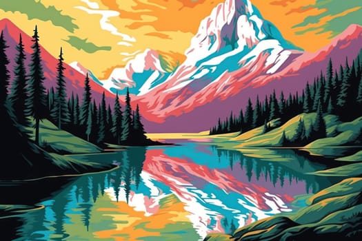Winter Landscape there are mountains and lakes and sky and tree Digital printing Generative AI.