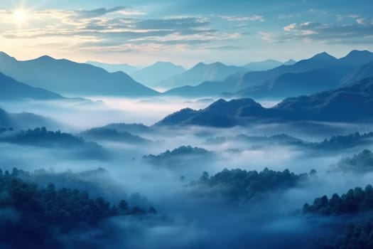The mountains are covered in a layer of mist and clouds Generative AI.