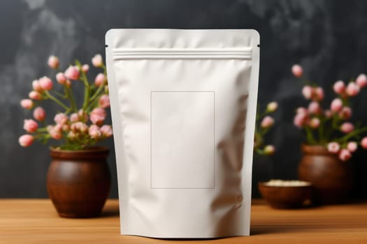White Blank Coffee bag Pack Mockup Stand Up with pastel natural theme background Generative AI.