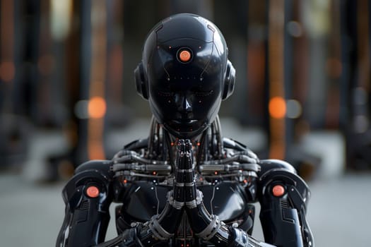 black android with hands clasped in praying gesture, AI religion concept