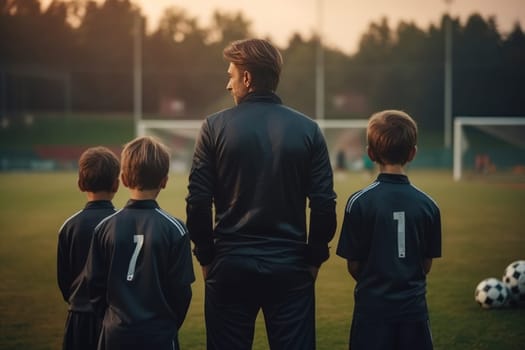 Back view of coach at field with a kids team Generative AI.