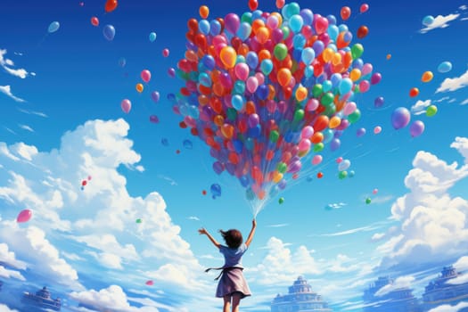 Creative scene with a hand holding a bunch of colorful balloons Generative AI.