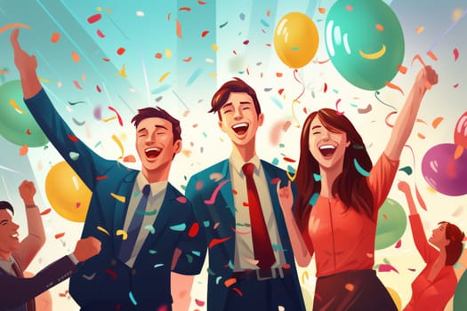 Group of successful happy business people in office celebrating Generative AI.