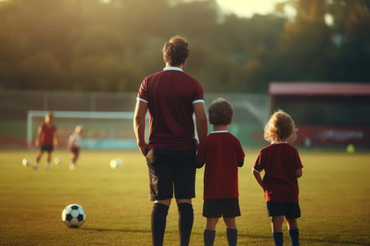 Back view of coach at field with a kids team Generative AI.