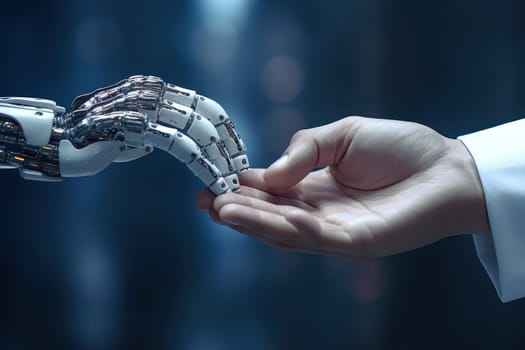 Artificial intelligence robot finger touching to human finger Generative AI.