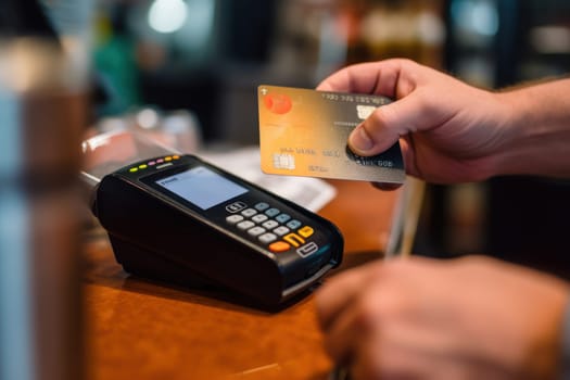 Hand of customer paying with contactless credit card Generative AI.