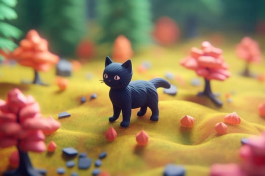 A black cat walking in forest 3D Tiny cute isometric Generative AI.