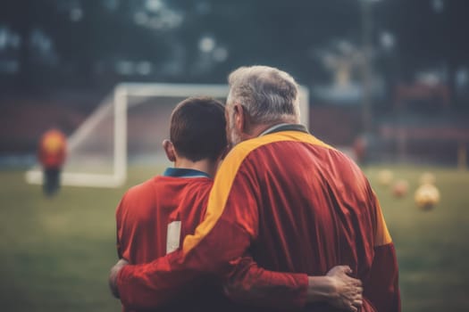 Back view of coach at field with a kids team Generative AI.