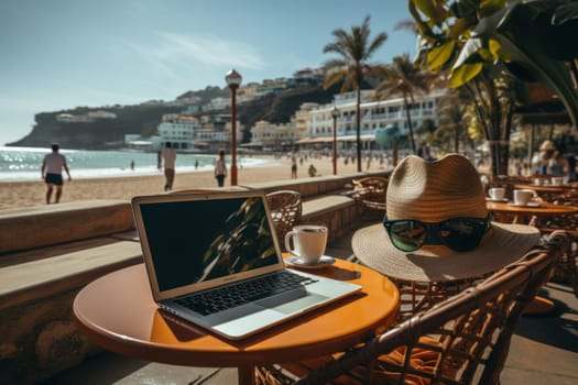 Digital nomad working and enjoying the beach Generative AI.