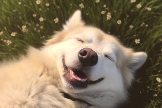 Cute Siberain Husky sleeping in grass upward facing the camera Generative AI.