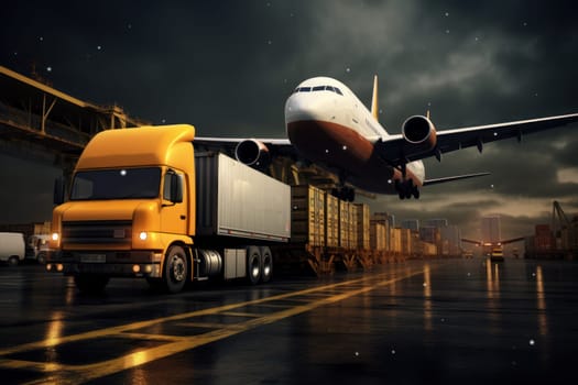 Global business logistics import export concept airplane truck train ship container Generative AI.