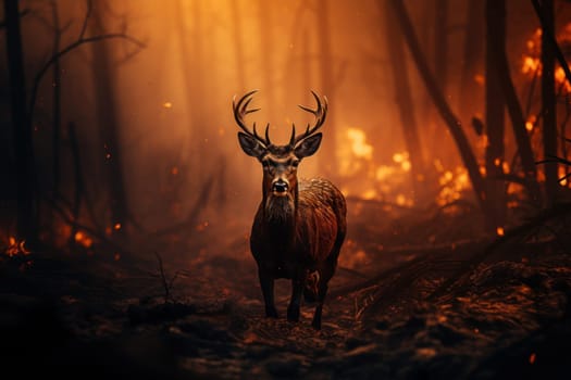 Strong forest fire Scared deer running from burning forest Generative AI.