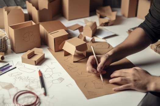 Designer sketching drawing design Brown craft cardboard paper packaging mockup box Generative AI.