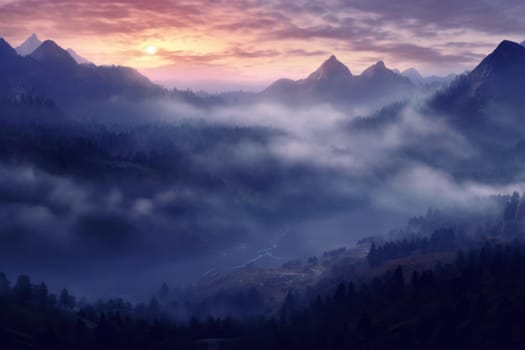 The mountains are covered in a layer of mist and clouds Generative AI.
