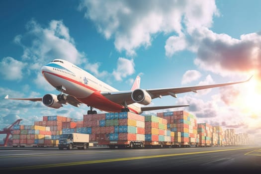 Global business logistics import export concept airplane truck train ship container Generative AI.