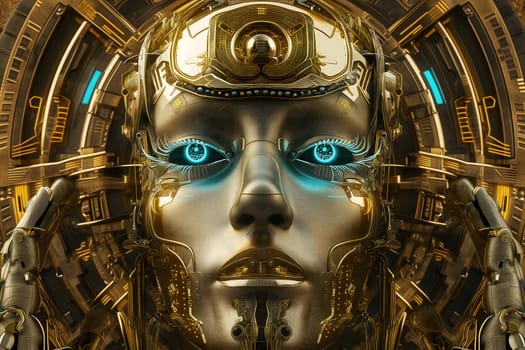 golden cyber humanoid goddess face with glowing blue eyes.