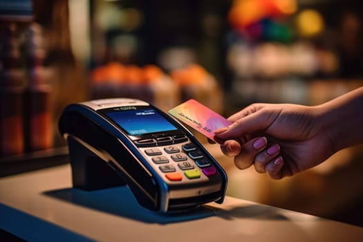 Hand of customer paying with contactless credit card Generative AI.