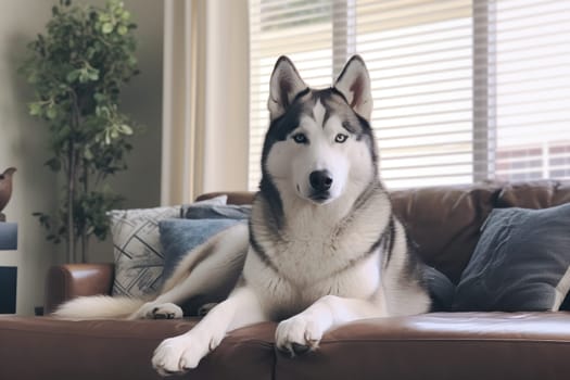 Husky sitting in a home living room Generative AI.