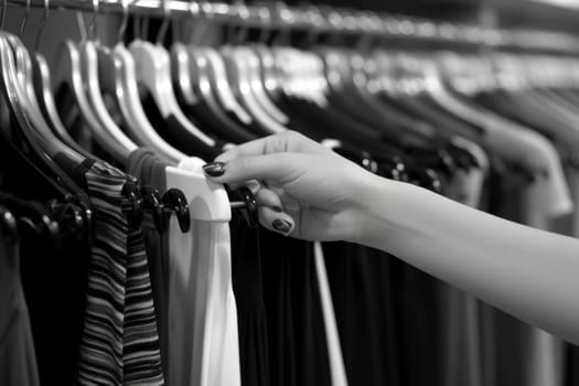 Close up of Female Hands Plucked Hanger Choosing Clothes in a Clothing Store Generative AI.